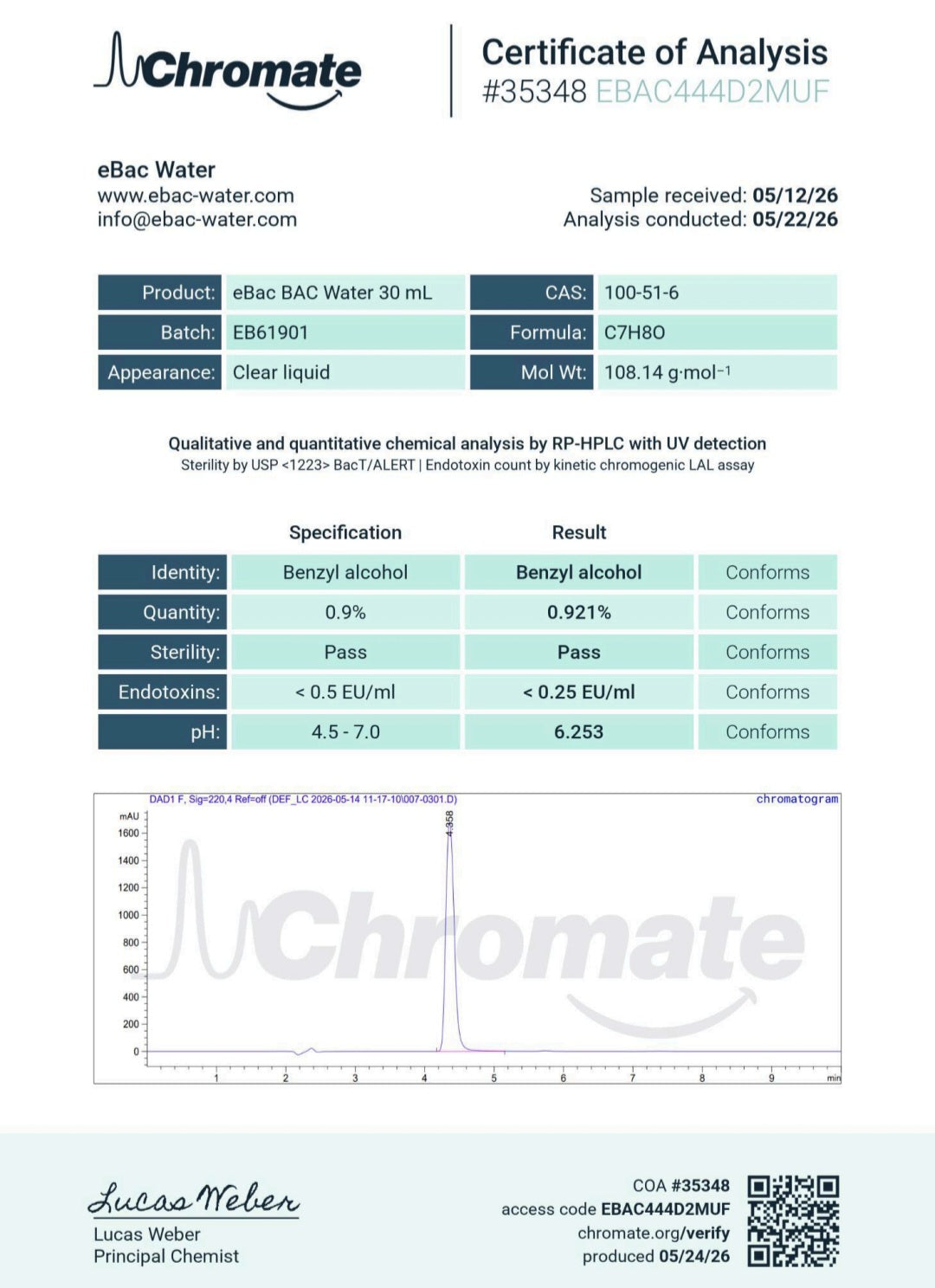 (NOT Hospira) 30ml Bac Water